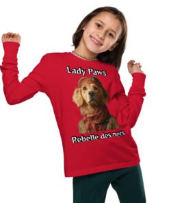 Fille portant un chandail rouge manches longues Lady Paws – Rebelle des mers