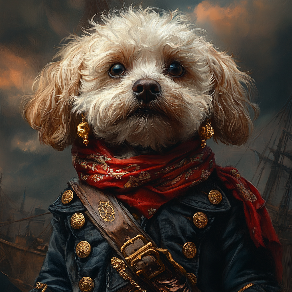 Ruby, la poodle ingénieuse, avec son coffre mystérieux à bord de la Proue Dorée, le navire des Chiens Pirates.