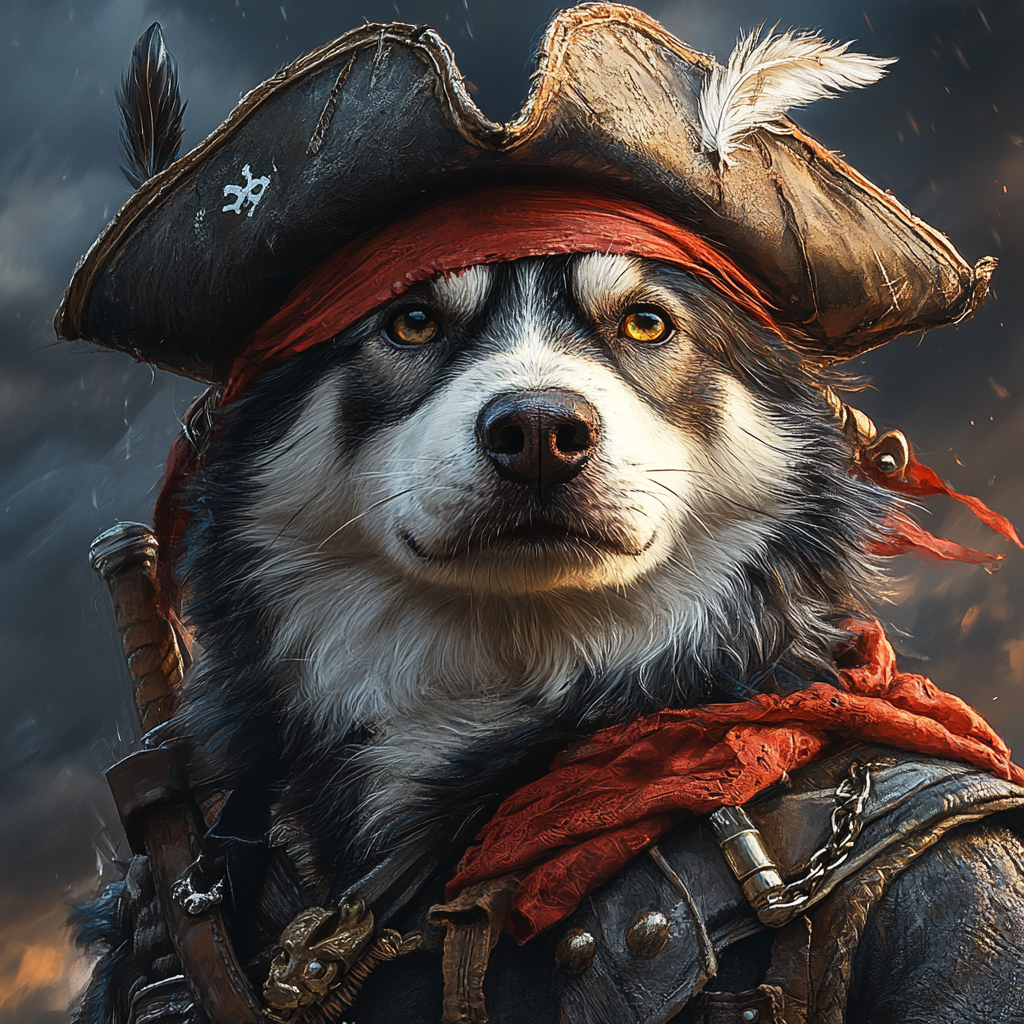 Shadow, le husky vengeur, sur le pont de son navire L’Ombre des Mers, prêt à défier la royauté.
