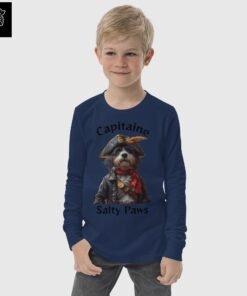 Chandail manches longues enfant en coton Airlume couleur navy avec design Capitaine Salty Paws - Les Chiens Pirates.
