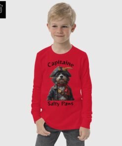 Chandail manches longues enfant en coton Airlume couleur rouge avec motif Capitaine Salty Paws - Les Chiens Pirates.